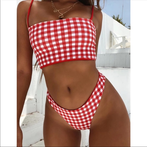 New Plaid red gingham summer bikini cheeky set - Picture 2 of 2